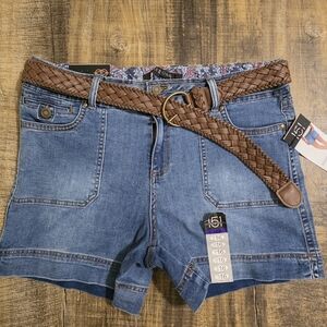 one 5 one Blue Jean Shorts with Braided Brown Belt